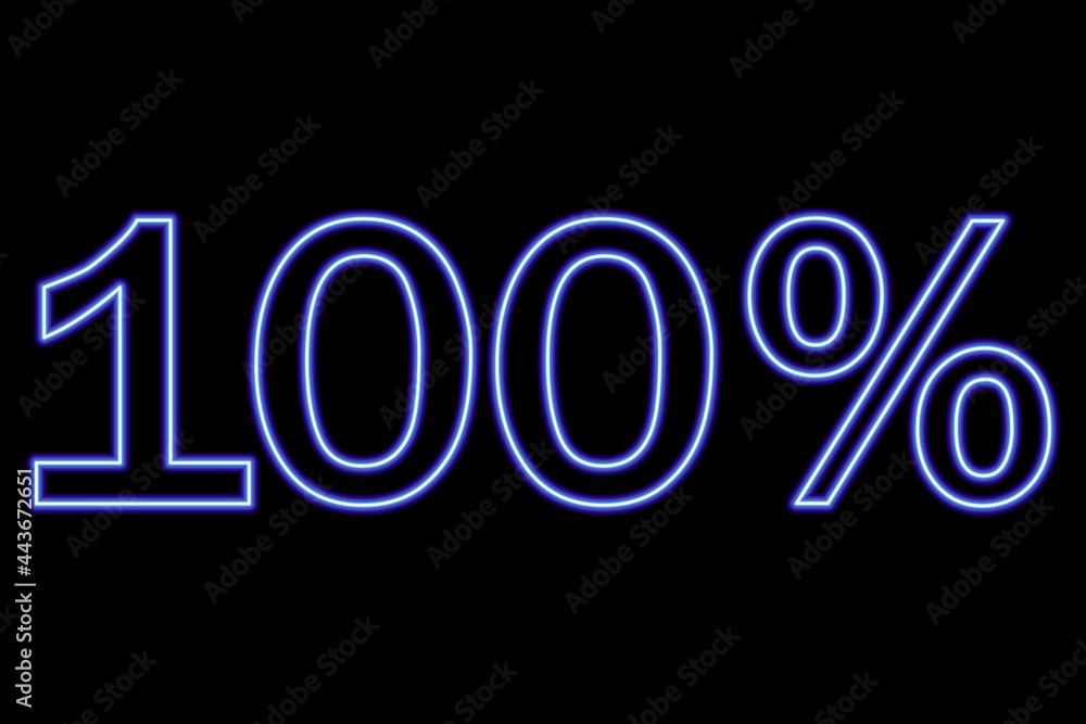 100 percent inscription on a black background. Blue line in neon style. 100 percent inscription on a black background. Blue line in neon style.