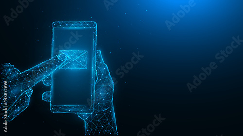 Message concept. Polygonal vector illustrations of a hand holding a phone and pressing an email with the index finger.