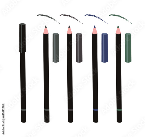 Hand Drawn Cartoon Fashion Illustration Makeup Tools Pensil for Eyes or Lips. Vector Set Drawing Beauty Product. Art Work Collection Decorative Cosmetic