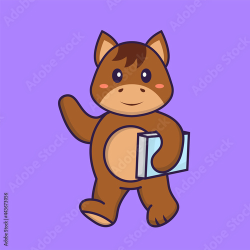 Cute horse holding a book. Animal cartoon concept isolated. Can used for t-shirt  greeting card  invitation card or mascot. Flat Cartoon Style