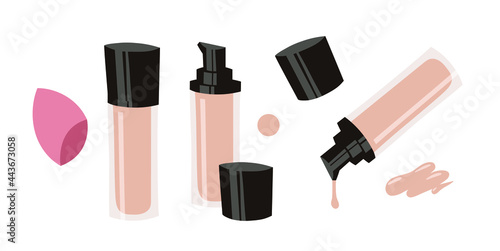Hand Drawn Cartoon Fashion Illustration Makeup Tools Liquid Сorrector. Vector Set Drawing Beauty Products Сoncealers. Art Work Collection Decorative Cosmetics Skin Tone