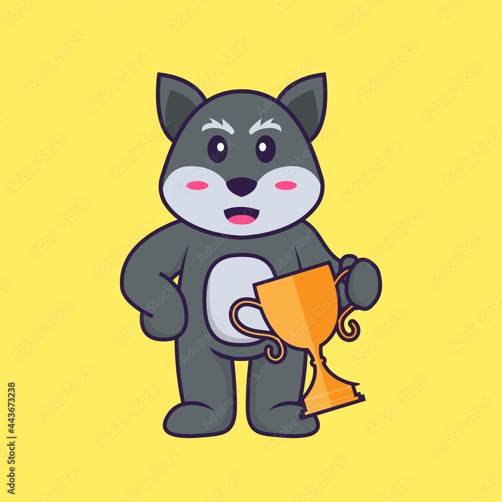 Cute fox holding gold trophy. Animal cartoon concept isolated. Can used for t-shirt, greeting card, invitation card or mascot. Flat Cartoon Style Cute fox holding gold trophy. Animal cartoon concept isolated. Can used for t-shirt, greeting card, invitation card or mascot. Flat Cartoon Style