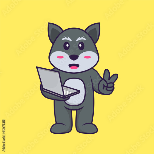 Cute fox holding laptop. Animal cartoon concept isolated. Can used for t-shirt, greeting card, invitation card or mascot. Flat Cartoon Style