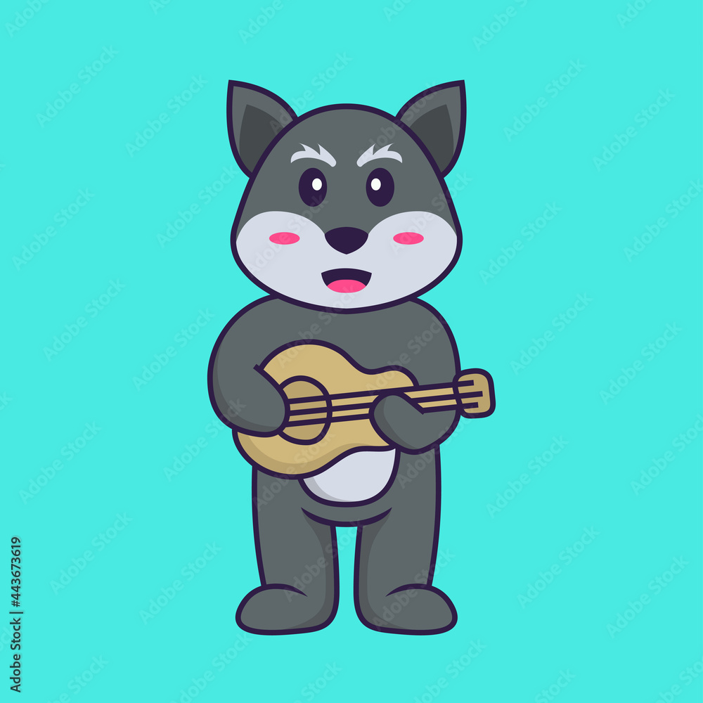 Cute fox playing guitar. Animal cartoon concept isolated. Can used for t-shirt, greeting card, invitation card or mascot. Flat Cartoon Style