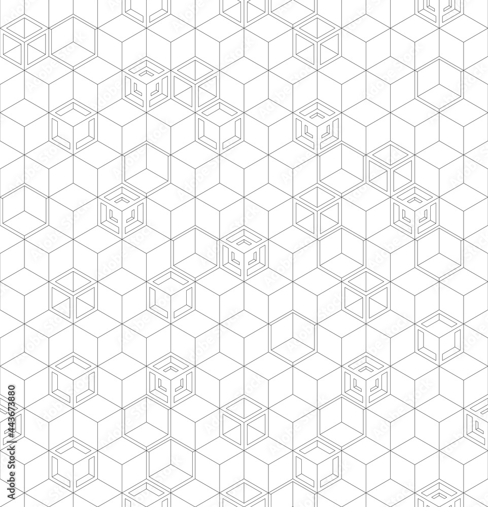 Seamless geometric pattern with white cubes and black wireframes