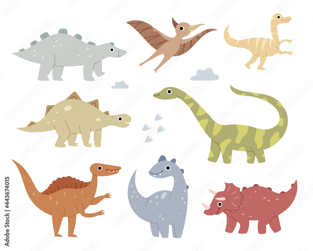 Jurassic reptiles. Pastel colors. Brachiosaurus, ptereosaurus, tyrannosaurus, spinosaurus, talarus.Cute flat dinosaur set. Jurassic reptiles. Pastel colors. Brachiosaurus, ptereosaurus, tyrannosaurus, spinosaurus, talarus.Cute flat dinosaur set.