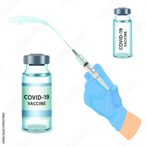 A blue-gloved medical nurse draws an ampoule into a syringe. Medical vaccination against coronavirus flu concept. Injection bottle for medical glass vials. 3D illustration.