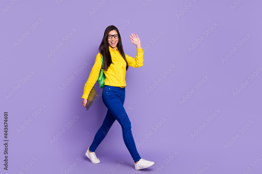 Full size photo of attractive nice lovely woman walk good mood student hold laptop isolated on violet color background Full size photo of attractive nice lovely woman walk good mood student hold laptop isolated on violet color background
