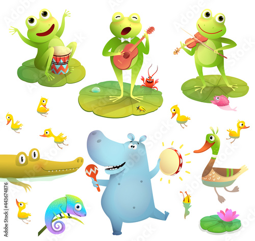 Funny pond or swamp animals clipart collection isolated on white. Frogs playing music, duck with chicks and dancing hippo play tambourine. Funny cartoons set for kids.
