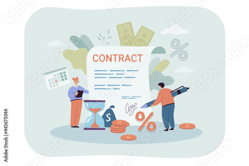 Tiny people signing giant contract. Flat vector illustration. Man and woman, concluding agreement with bank, taking out loan at interest, paying off debt. Mortgage, money, credit, finance concept
