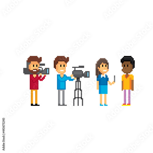 Cameraman and camera, reporter, interview. Pixel art. Old school computer graphic. 8 bit video game. Game assets 8-bit sprite. 16-bit.