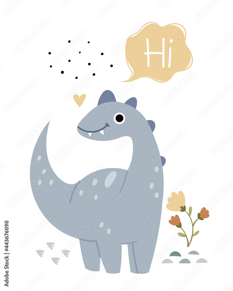 Children's poster with a tyrannosaurus. Cute book illustration of a dinosaur.Jurassic reptiles.Hi lettering.
