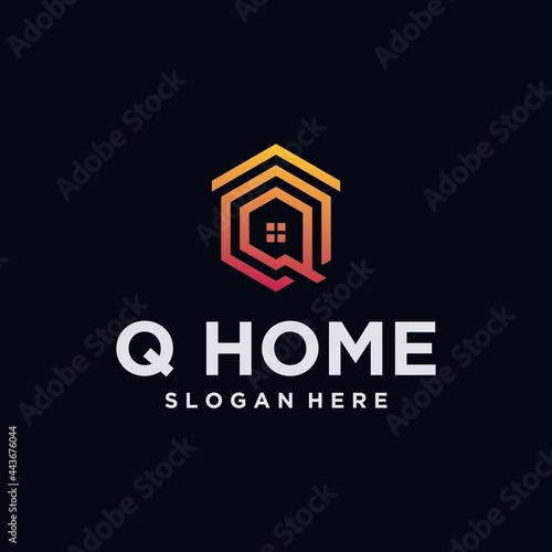 Logo monogram alphabet letter Q house with real estate logo design