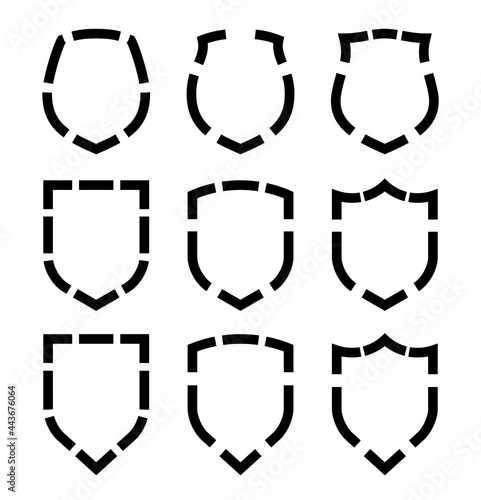 Protect guard shield plain line concept. Outline shield badge. Safety icon set. Privacy banner kit. Security label. Flat style protect sticker symbol shape. Safeguard simple sign linear pictogram