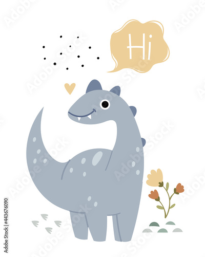 Children's poster with a tyrannosaurus. Cute book illustration of a dinosaur.Jurassic reptiles.Hi lettering. © Irena