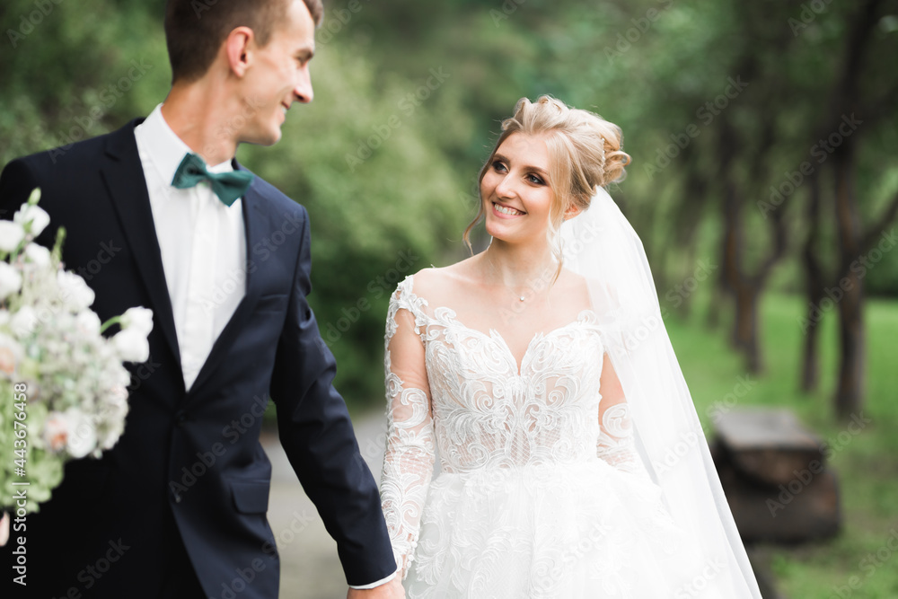 Romantic, fairytale, happy newlywed couple hugging and kissing in a park, trees in background Romantic, fairytale, happy newlywed couple hugging and kissing in a park, trees in background