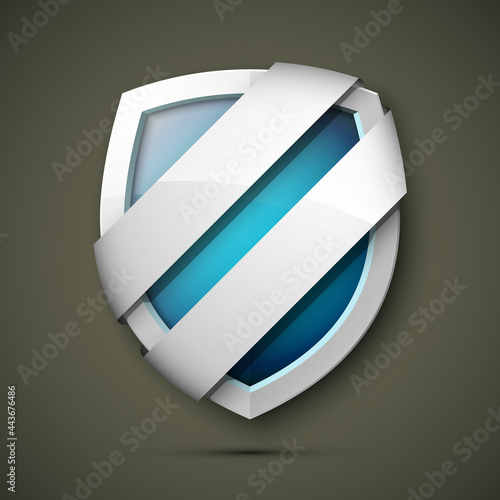 Reliable protection guard shield two strips. Safety badge, protection icon. Privacy colorful banner shield. Security label. Defense tag. Presentation sticker shield. Defense safeguard two strips sign
