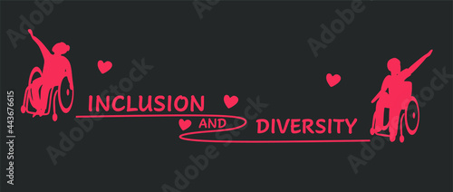 Logo inclusion and diversity. Text logo with disabled people in a wheelchair. Suitable for prints, web, banners, posters, postcards, t-shirts.