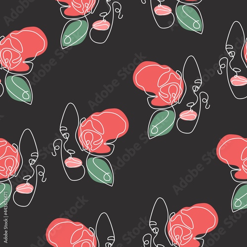 Vector seamless pattern. Abstract portrait of a girl with a flower and abstract spots on a gray background, drawn in one line. An illustration for printing on a T-shirt, fabric, packaging paper.