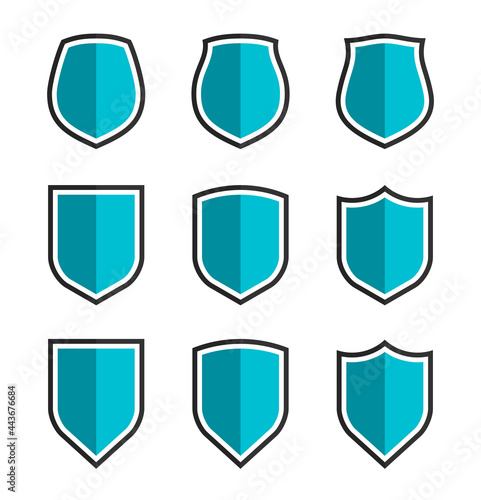 Protect guard shield plain line concept. Outline shield badge. Safety icon set. Privacy banner kit. Security label. Flat style protect sticker symbol shape. Safeguard simple sign linear pictogram