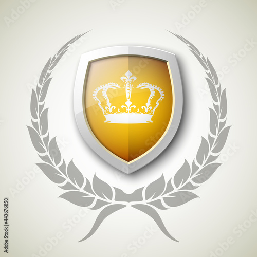 Protected wreath crown shield concept. Safety badge protection garland icon. Privacy corona banner shield. Security label Defense tag. Crown sticker shield. Defense safeguard sign. wreath badge
