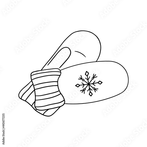 Autumn and Winter warm clothing, fashion accessory: pair of mittens with snowflake. Cartoon outline object, contour vector element isolated for Christmas and New year holiday design, coloring page