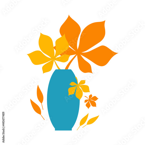 Autumn concept for postcard, card, for thematic banner, poster. Autumn orange and yellow leaves in blue vase. Flat autumn composition, decorative elements. Stock vector illustration, leaves in vase.