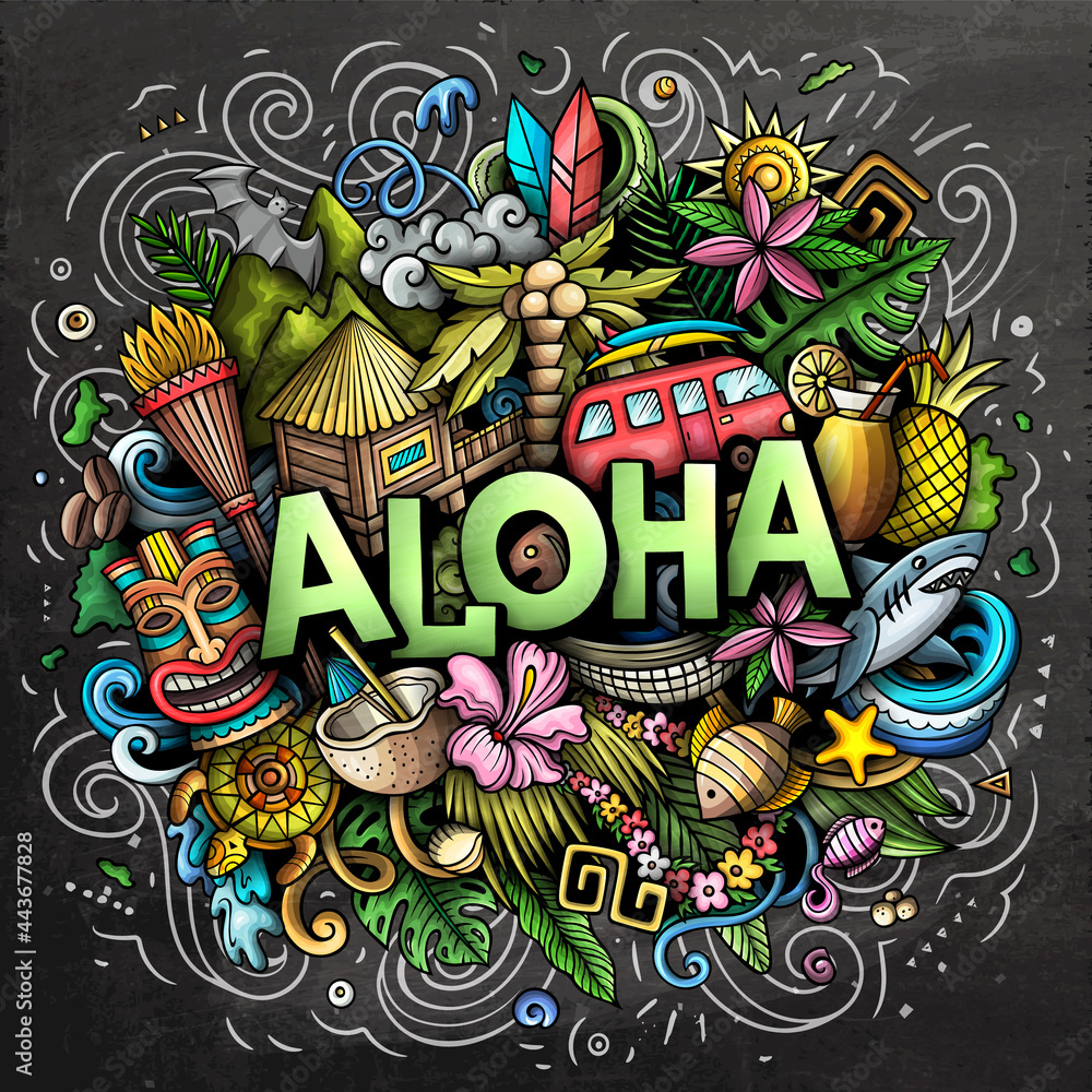 Aloha hand drawn cartoon doodle illustration. Funny Hawaiian design  Stock-Vektorgrafik | Adobe Stock