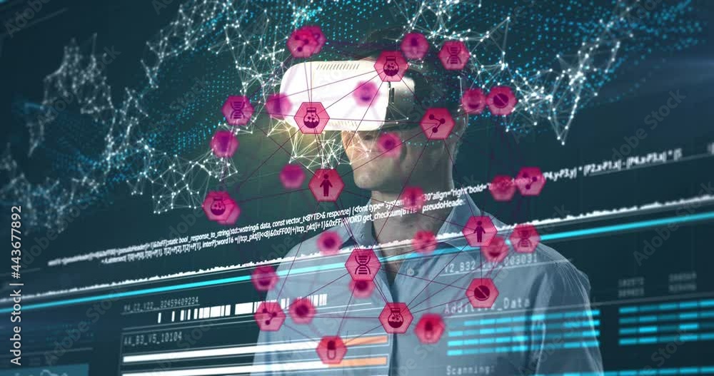 Animation of network of connections with icons over man wearing vr headset and data processing Animation of network of connections with icons over man wearing vr headset and data processing