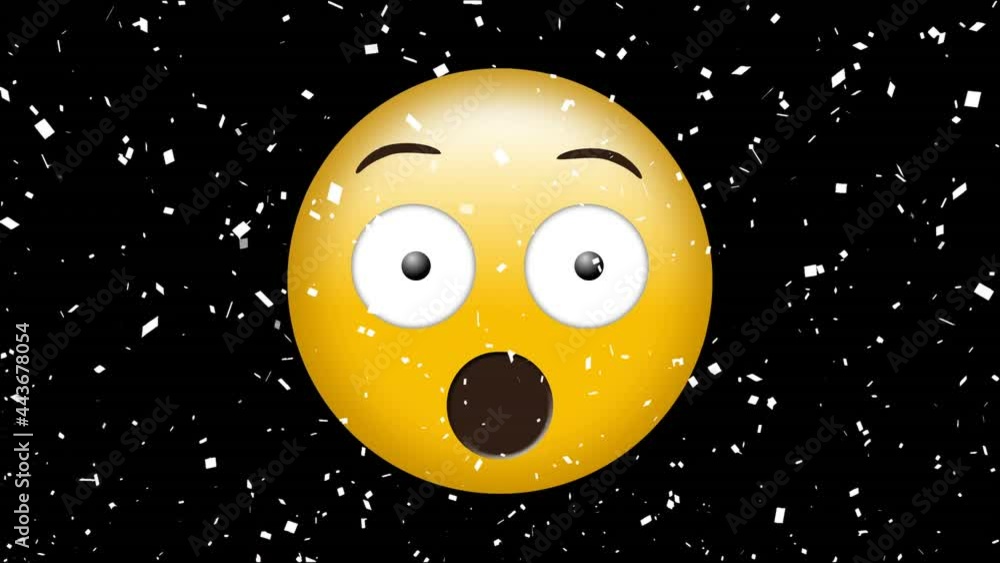 Animation of scared emoji icon on black back ground with falling confetti Animation of scared emoji icon on black back ground with falling confetti