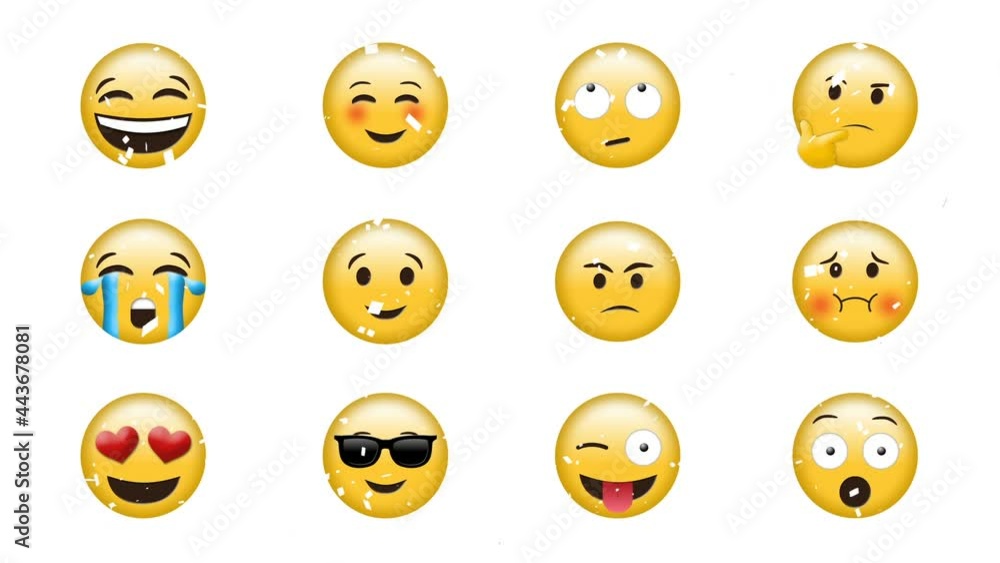 Animation of emojis icons on white back ground with falling white confetti Animation of emojis icons on white back ground with falling white confetti