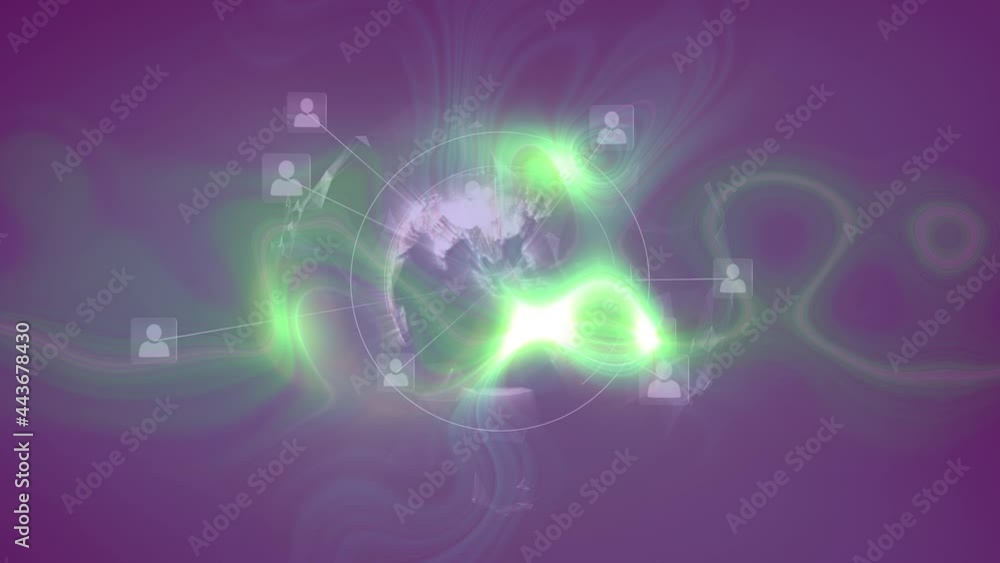 Animation of network of connections with icons over glowing light trails Animation of network of connections with icons over glowing light trails