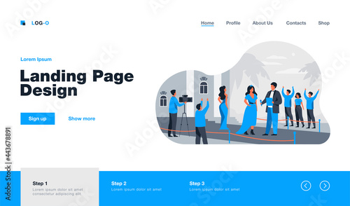 Celebrities walking along red carpet isolated flat vector illustration. Cartoon famous people posing to paparazzi camera. Movie festival and fashion stars show concept