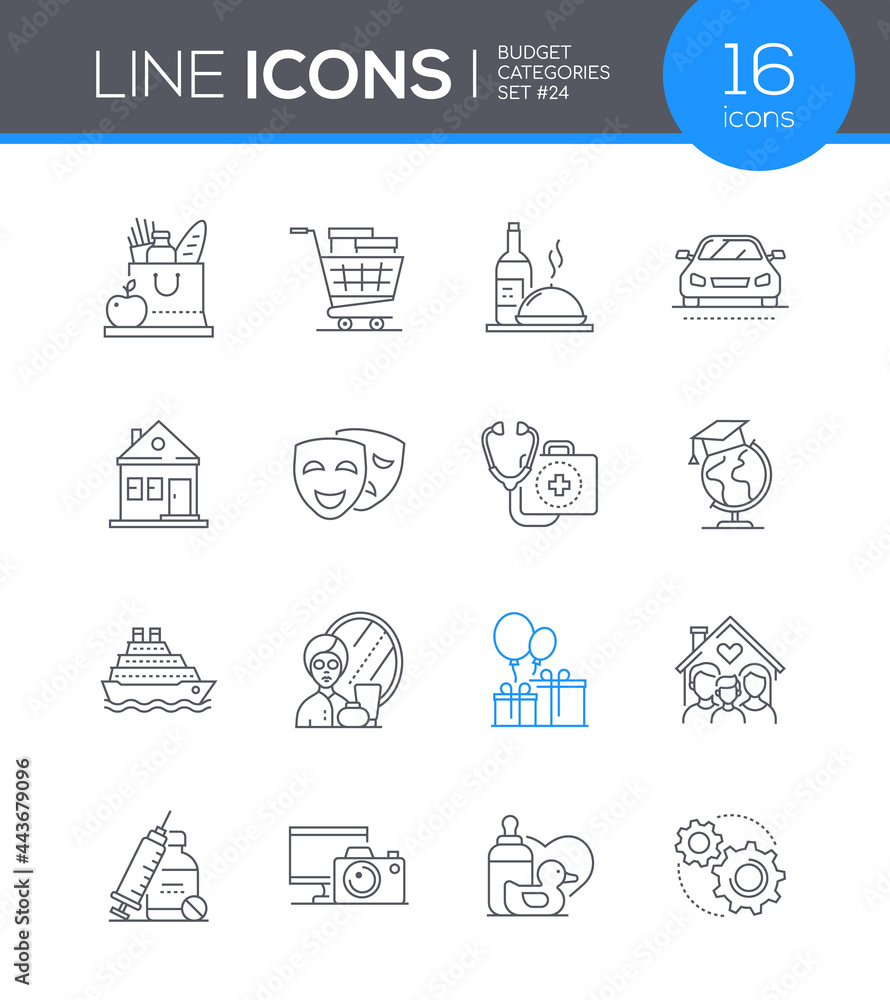 Budget Categories - line design style icons set