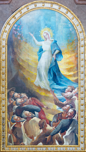 VIENNA, AUSTIRA - JUNI 24, 2021: The painting of Assumption of Virgin Mary in the church Kalvarienbergkirche by Hans Alexander Brunner (1962). photo