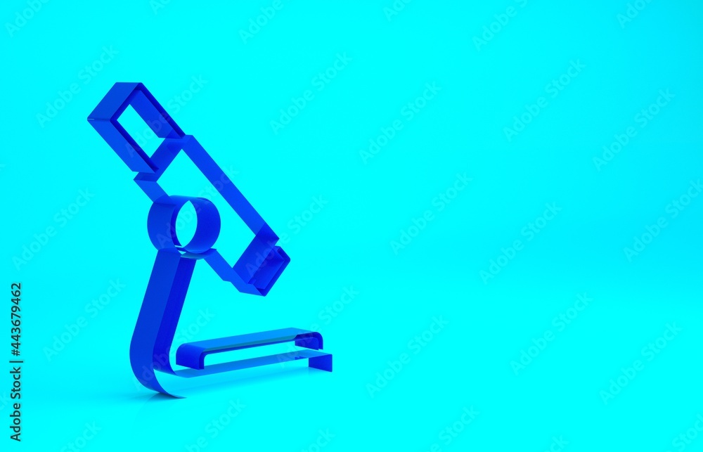 Blue Microscope icon isolated on blue background. Chemistry, pharmaceutical instrument, microbiology magnifying tool. Minimalism concept. 3d illustration 3D render Blue Microscope icon isolated on blue background. Chemistry, pharmaceutical instrument, microbiology magnifying tool. Minimalism concept. 3d illustration 3D render