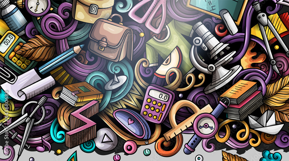Fototapeta premium School hand drawn doodle banner. Cartoon vector detailed flyer.