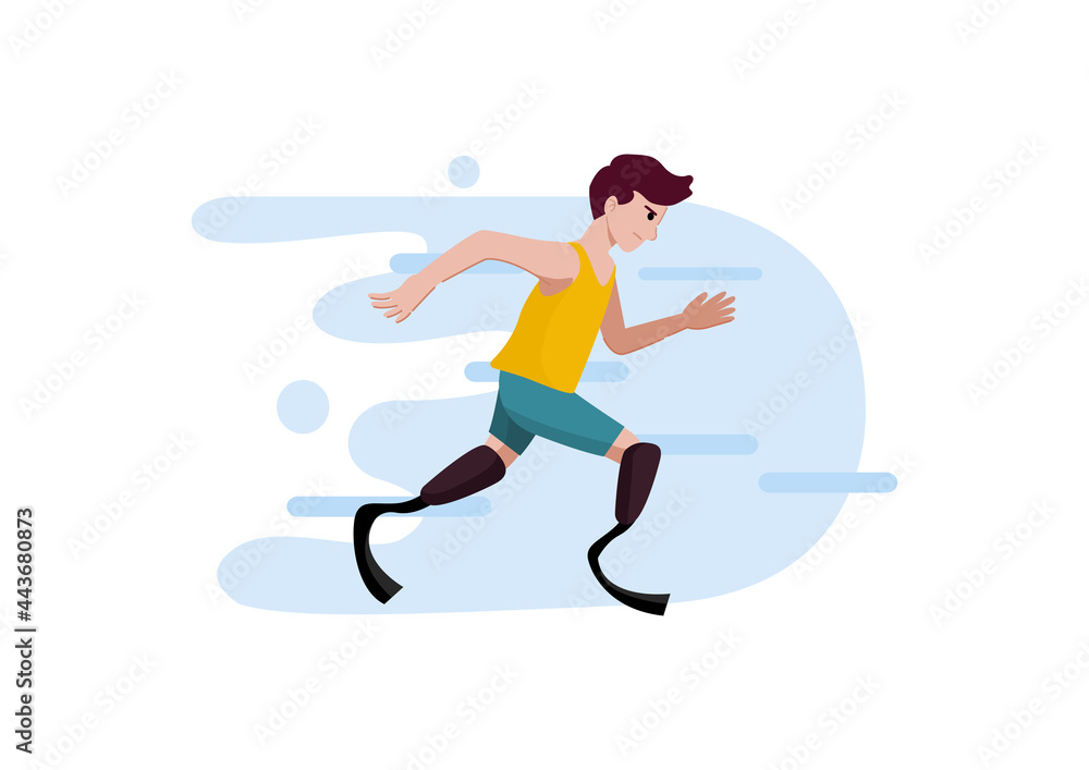 Handicapped or disabled man running with prosthetics leg, vector illustration