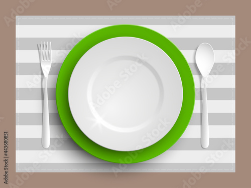 Plate, spoon and fork isolated on napkin background. Canteen icon. dining room badge. buffet icon. Here you can eat picture. Fast food restaurant badge. illustration