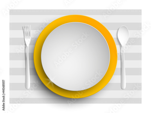 Plate, spoon and fork isolated on napkin background. Canteen icon. dining room badge. buffet icon. Here you can eat picture. Fast food restaurant badge. illustration