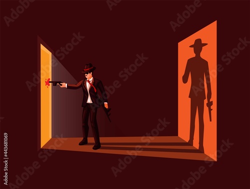 Mafia shooting gun and kill front of door with sillhouete, criminal scene illustration vector