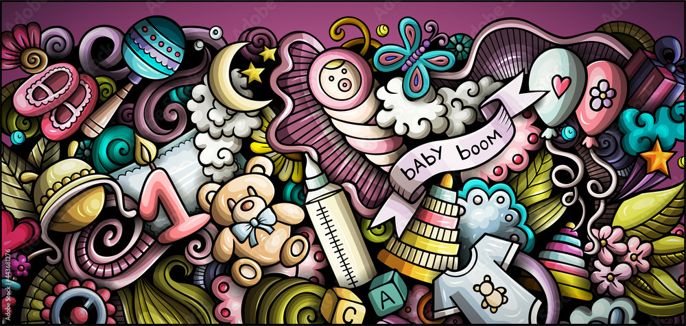 Baby hand drawn doodle banner. Cartoon vector detailed flyer.