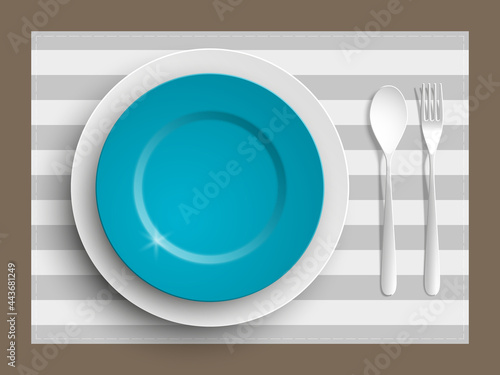 Plate, spoon and fork isolated on napkin background. Canteen icon. dining room badge. buffet icon. Here you can eat picture. Fast food restaurant plate badge. illustration