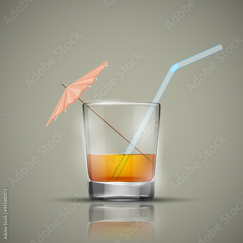 Glass cold drink alcohol & straw. Bright soda & umbrella. A glass of lemonade or fruit juice with umbrella. Cold iced tea. Bar with a glass of cocktail fizzy water with straw