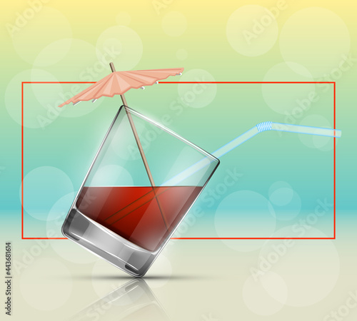 Glass cold drink alcohol & straw. Bright soda & umbrella. A glass of lemonade or fruit juice with umbrella. Cold iced tea. Bar with a glass of cocktail fizzy water drink with straw