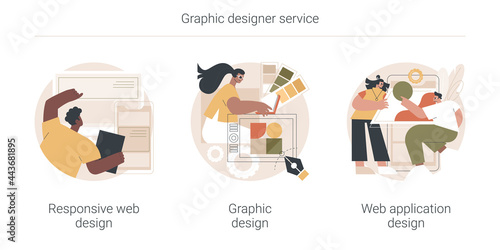 Graphic designer service abstract concept vector illustration set. Responsive web design, graphic and web application, UI and UX, landing page layout, user interface, CSS media abstract metaphor.