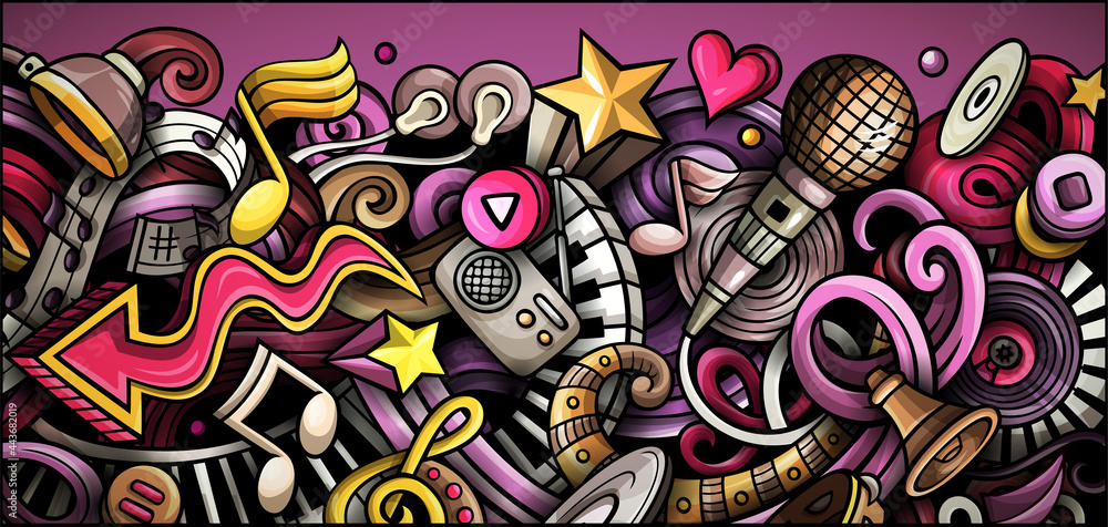 Music hand drawn doodle banner. Cartoon vector detailed flyer.