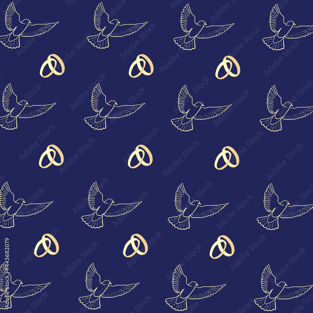 Fototapeta premium Wedding doves pattern with rings, symbol of love and wedding, Decoration vector item for marriage. isolated colorful hand drawn illustration.Dove. Bird of love. Valentine's Day. Vector illustration