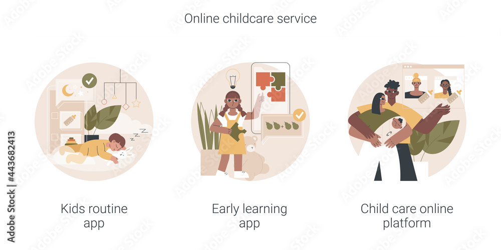 Online childcare service abstract concept vector illustration set. Kids routine app, early learning app, child care search platform, activity tracking, studying software, babysitter abstract metaphor. Online childcare service abstract concept vector illustration set. Kids routine app, early learning app, child care search platform, activity tracking, studying software, babysitter abstract metaphor.
