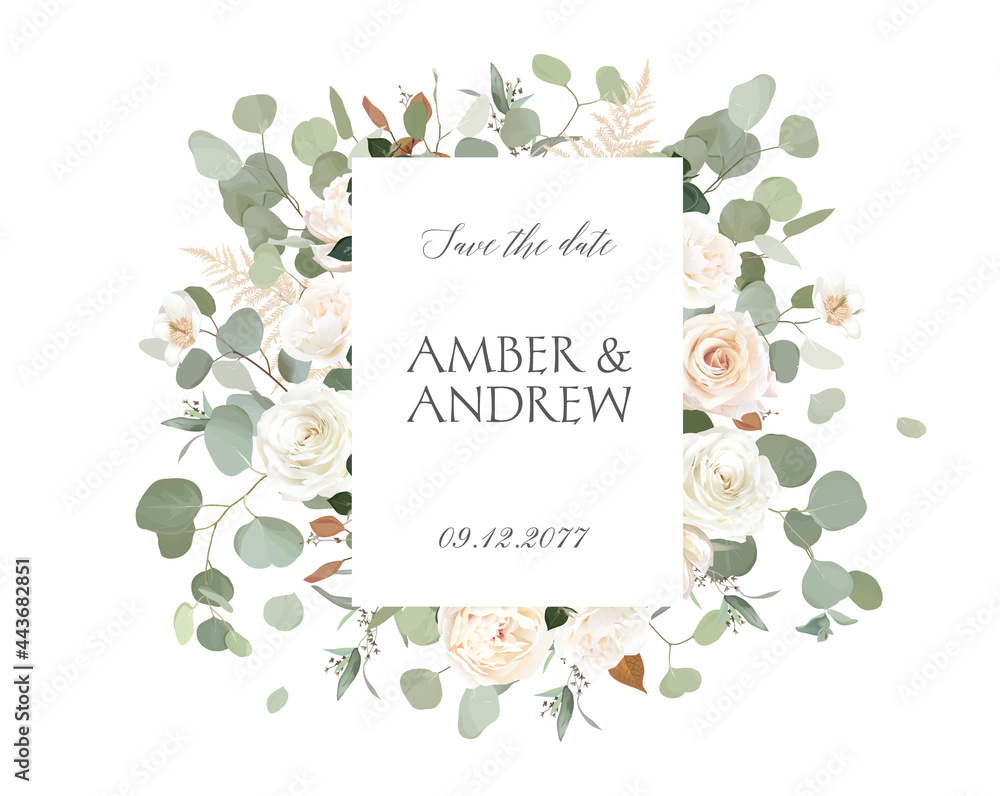 Eucalyptus and white roses, ranunculus vector design invitation frame